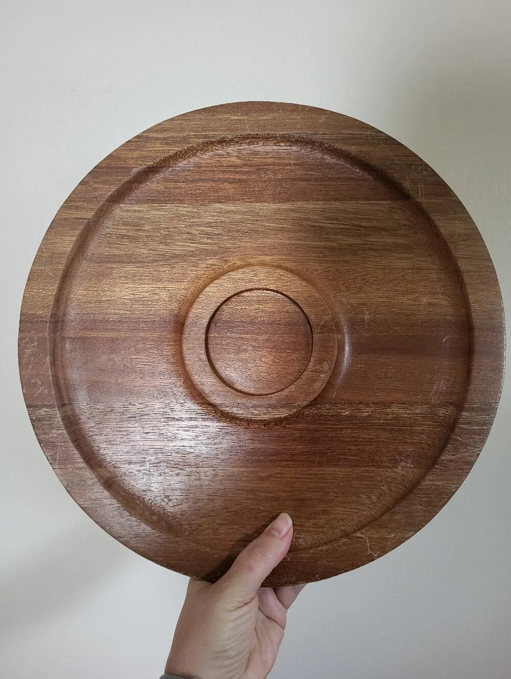 Vintage Dolphin Teak Wood Round Serving Tray 1970s